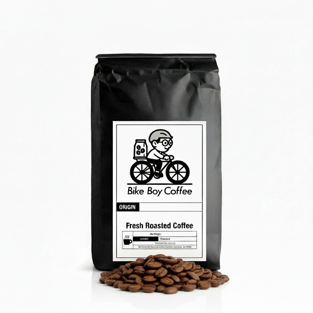 Bike Boy Coffee with centered coffee beans