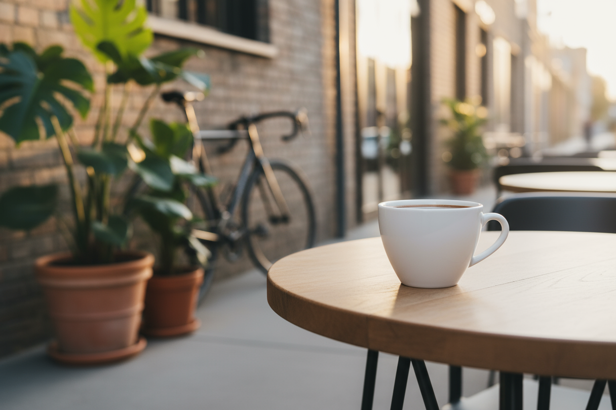 can you make the same photo but make it wider, and make it so there's coffee in the cup