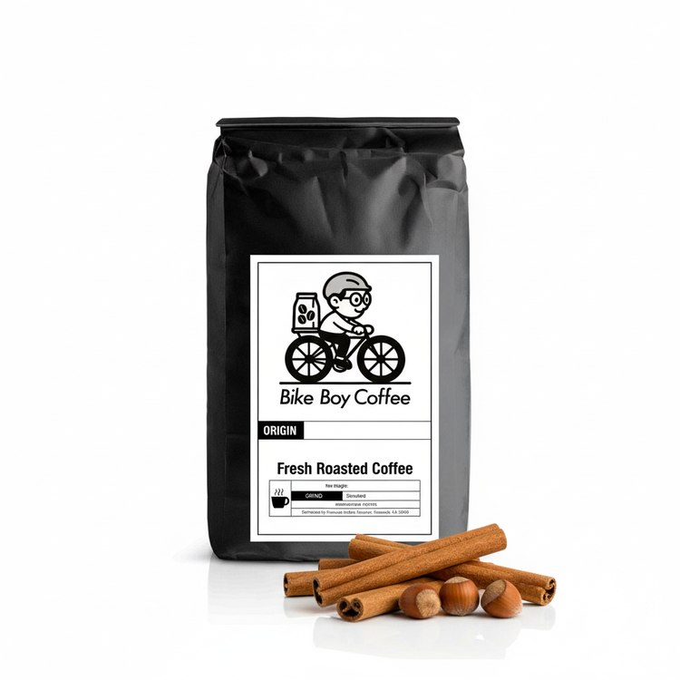 Coffee bag with cinnamon and hazelnuts on pure white background